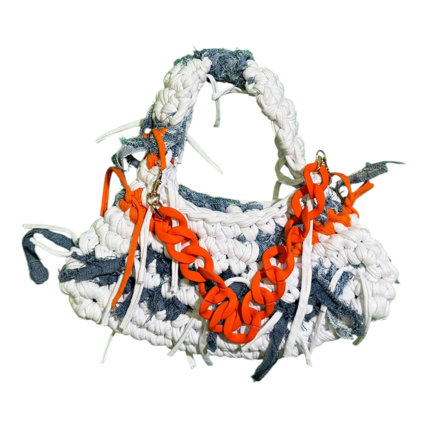 Orange Chain Denim Crochet Bag