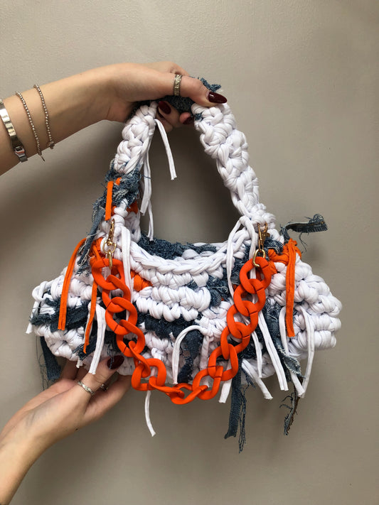Orange Chain Denim Crochet Bag